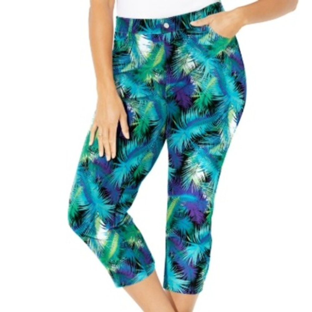 CATHERINES Women's 22 Blue Green Tropical Palm Leaf‎ Print Capri Pants Pockets